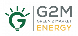 Das Bild zeigt das Logo des Unternehmens "G2M Green 2 Market Energy". Es besteht aus zwei Elementen: Einem stilisierten Glühbirnen-Symbol in Grün und dem Firmennamen "G2M Green 2 Market Energy" in Grau und Gelb.