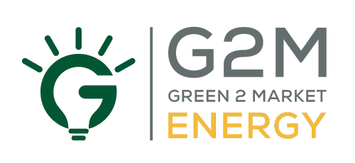 Das Bild zeigt das Logo von "G2M - Green 2 Market Energy", einer Marke, die umweltfreundliche Energielösungen anbietet. Das Logo kombiniert das stilisierte Symbol einer Glühbirne mit dem Schriftzug, um die Expertise von G2M im Bereich grüne Energie zu kommunizieren.